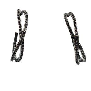 Silver Tone Black Crystal Rhinestone Double Hoop Earrings 1990s